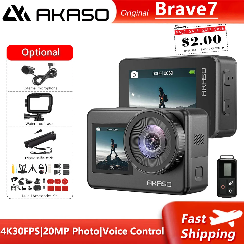 Caméra Sport AKASO Brave 6 Plus 4K 20MP - Étanche 40m - Écran Tactile 2" - 2 Batteries - Kit Accessoires