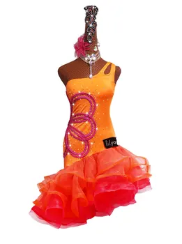 

New Style Orange Latin Dance Dress Women Girls Performance Dance Wear Salsa Samba Rumba Costume With Bodysuit Bra Latino Dresses