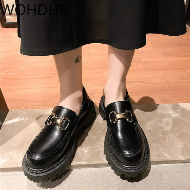 2021 Shoes Women PU Leather Platform Shoes Casual Buckle Shoes Ladies Thick Sole Slip on Flats Creepers Oxford Leather Shoes 4