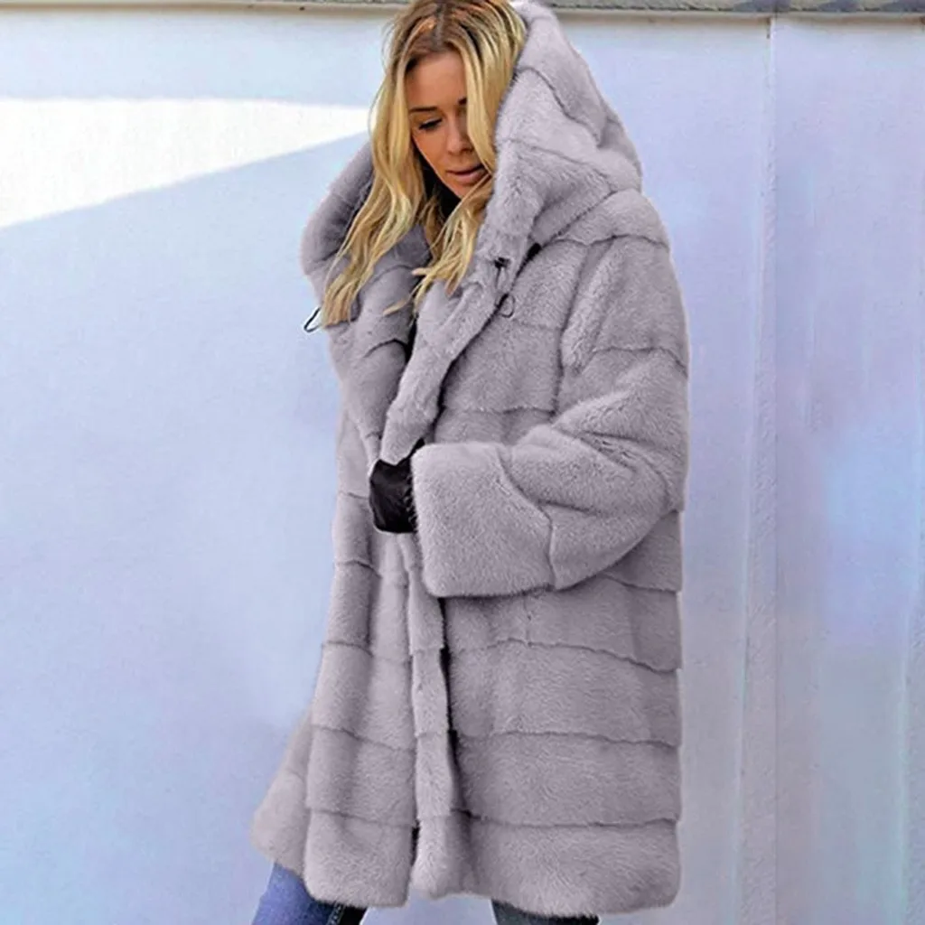 Осенне-зимнее плотное теплое пальто с капюшоном верхняя одежда женская зимняя теплая плюшевая Шуба с имитацией меха однотонная длинная куртка пальто с капюшоном