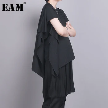 

[EAM] Women Black Ruffles Asymmetrical Split T-shirt New Round Neck Short Sleeve Fashion Tide Spring Summer 2020 1T048
