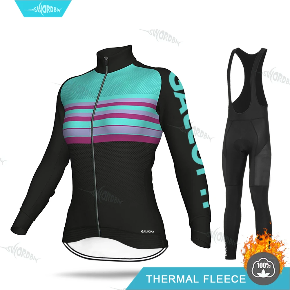 Bib Cycling Set Новая женская велосипедная одежда с длинным рукавом Зимний набор велосипедных Джерси Женский MTB Ropa Ciclismo для девочек дорожный велосипед тепловой флисовый комплект одежды - Цвет: Bib Cycling Set