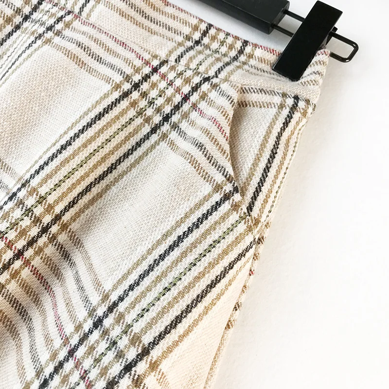 Qooth England Style Blue Beige Plaid High Waist Midi Skirts Woolen Skirts A Line Pleated Winter Women Tartan Skirts qh2081