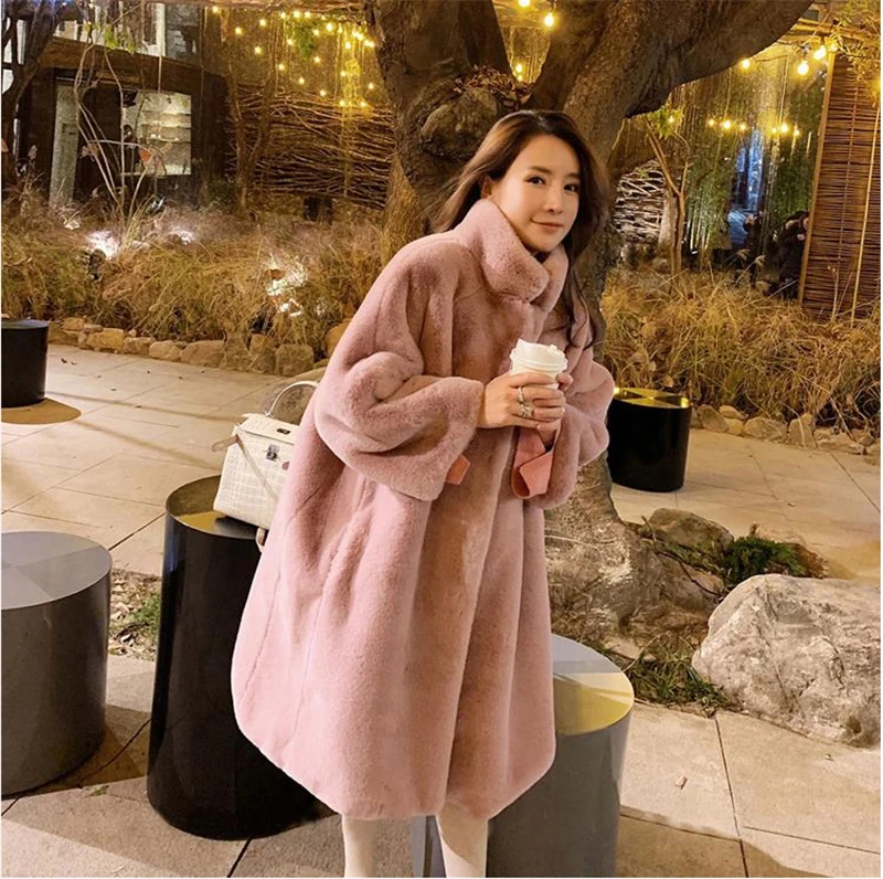 Новое Розовое мохнатое Женское пальто из искусственного меха уличная осенне-зимняя теплая плюшевая Женская куртка размера плюс вечерние пальто T588