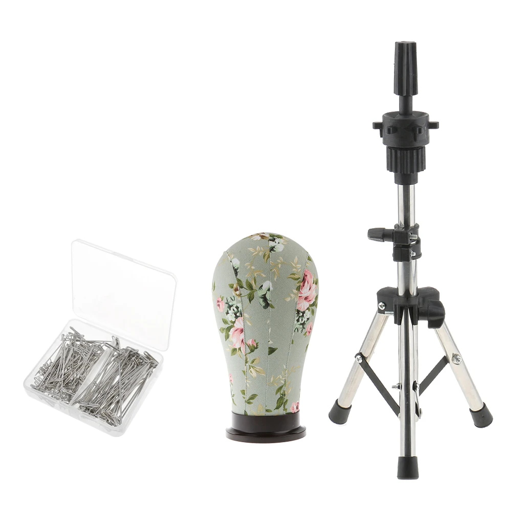 22' Mannequin Model Cork Canvas Block Head & Tripod Manikin Holder Stand with 150pcs 38mm / 51mm T Pins for Wig Making Display