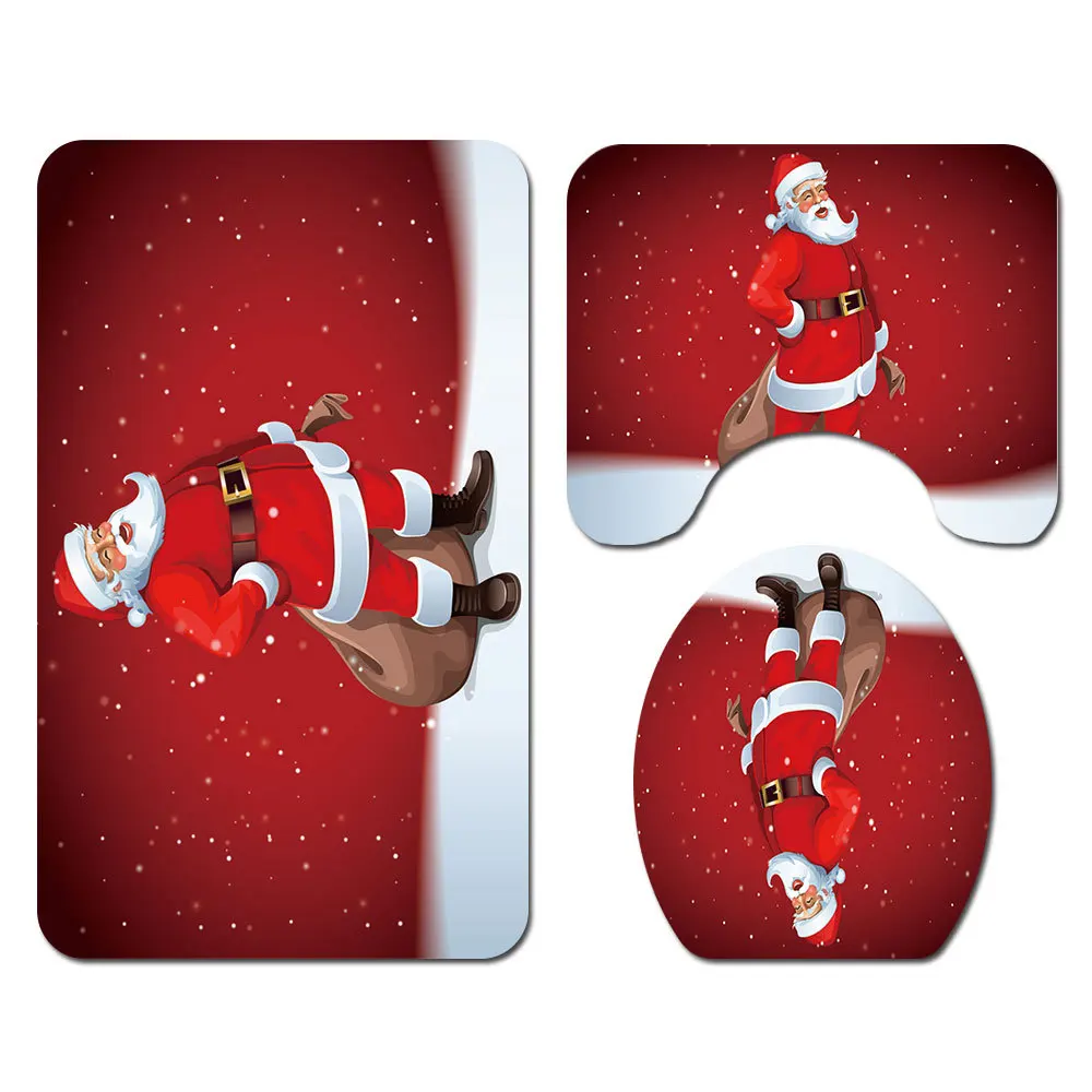Merry Christmas Bathroom Set Snowman Santa Claus Elk Pattern Waterproof Shower Curtain Toilet Cover Mat Non Slip Rug Home Decor