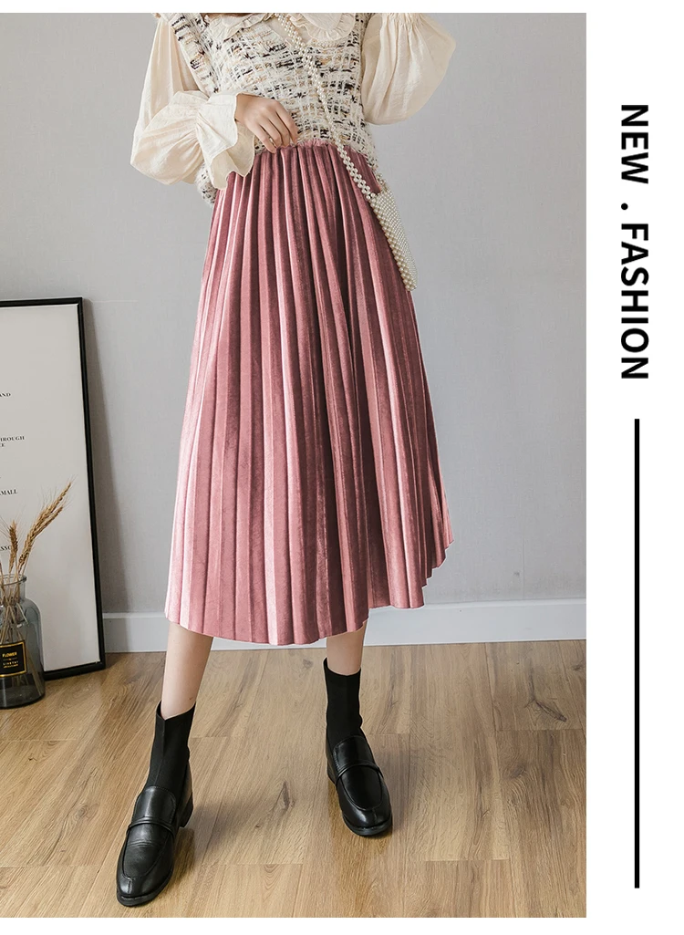 Beiyingni Autumn Winter Gold Velvet Midi Skirt for Woman High Waist Vintage Casual Pleated Skirts Womens Solid 7Colors Warm Saia