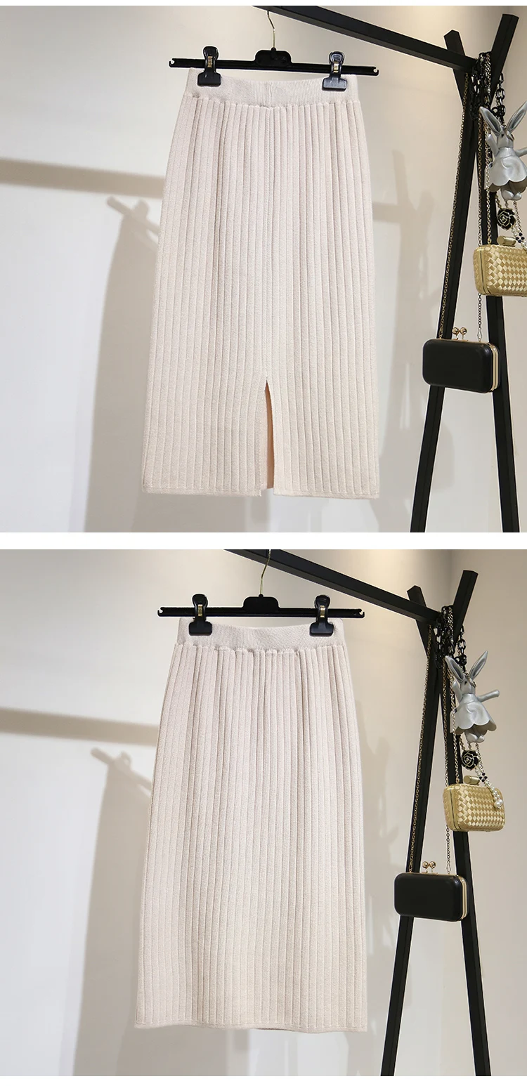 Вязанная Черная Женская юбка с разрезом, весна-осень, Корейская однотонная высокая талия, элегантные миди юбки-карандаш для женщин, s Jupe Femme Faldas