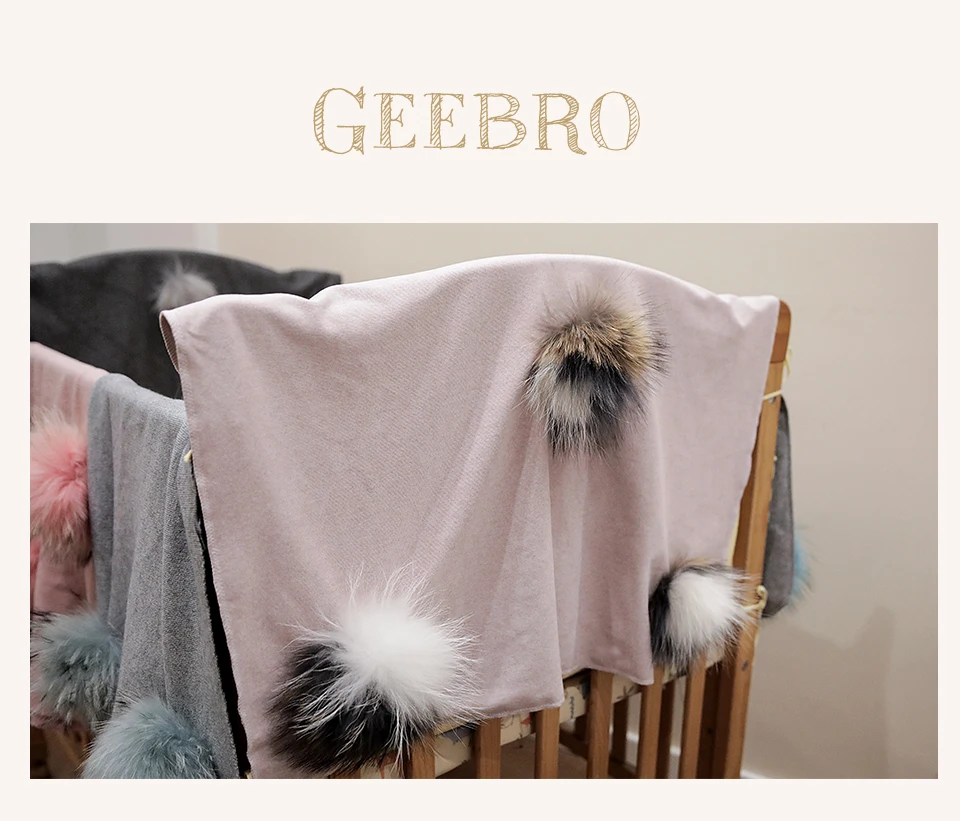 Geebro/теплые хлопковые пеленки, одеяло для новорожденных детей, мягкое одеяло для сна для путешествий с 8 натуральными трехцветными меховыми помпонами, постельные принадлежности
