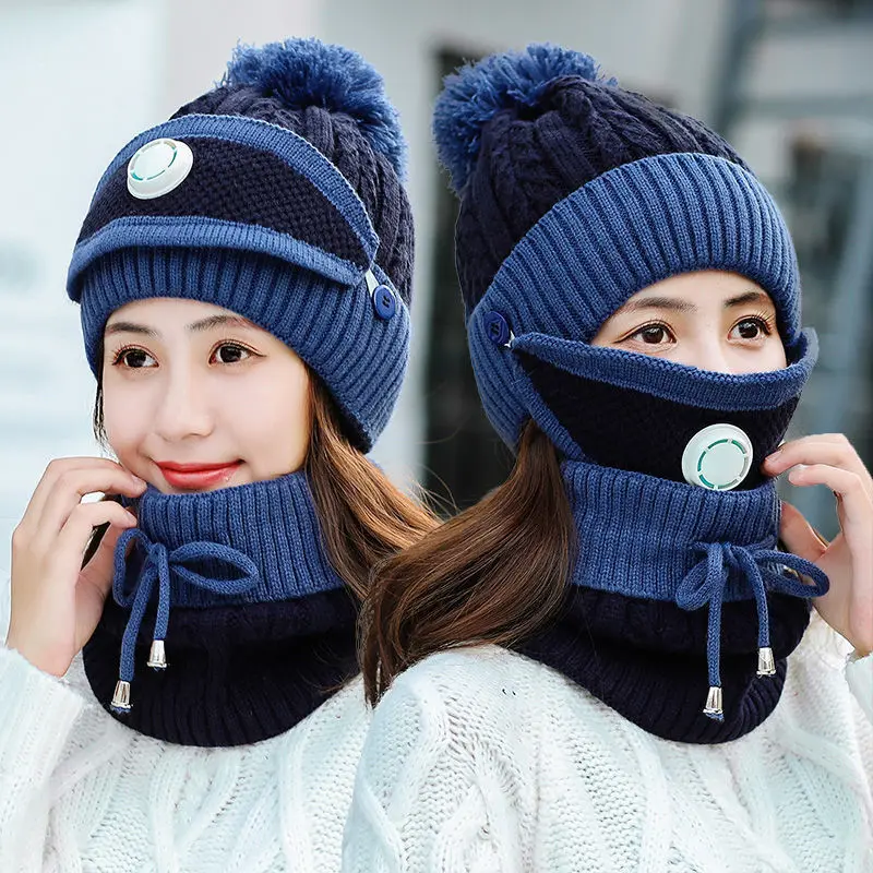 

2020 New 3 Pieces Set Women's Knitted Hat Scarf Caps Neck Warmer Winter Hat For Ladies Girls Skullies Beanies Warm Fleece Caps