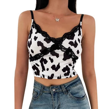 

Women Fashion Tops Cow Print Lace Patchwork Sleeveless Slim Camisole Summer Sexy V-neck Casual Camis Top Streetwear New Arrival