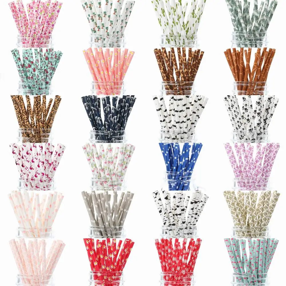 25 uds desechables de pajitas de papel colorido Animal dibujo de planta de papel sorbetes Baby Shower cumpleaños suministros de decoración del banquete de boda