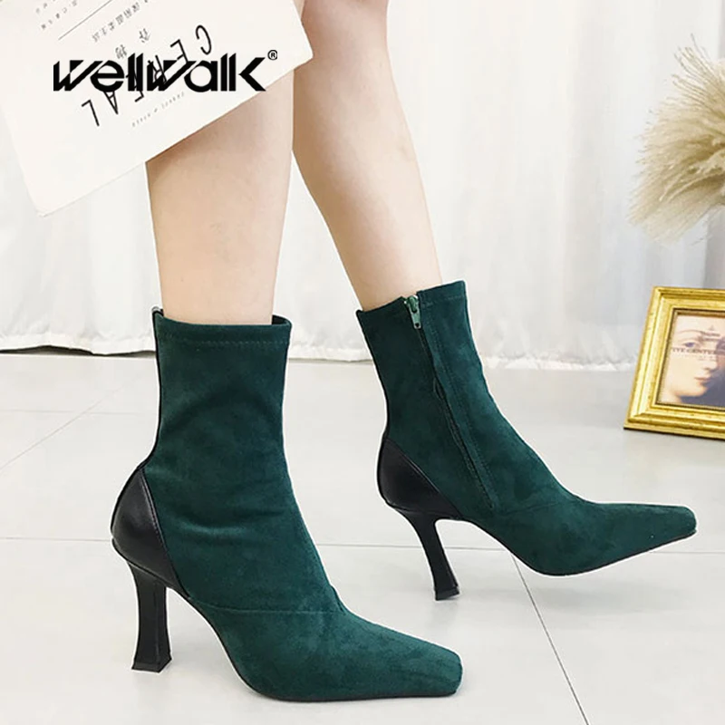 

Wellwalk Green Short Boots Women Flannel Suede Ankle Booties Heel Ladies Fabric Low Boots Pointed Toe Female Winter Shoes Woman
