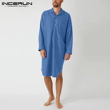 

INCERUN Leisure Sleep Robes Men Short Sleeve Lapel Sleepwear Solid Color Baggy Nightwear Fashion Loose Cotton Homewear Plus Size