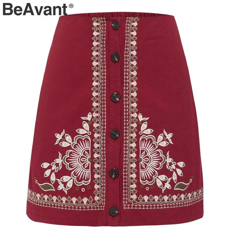 BeAvant винтажная короткая юбка с цветочной вышивкой, Женская мини-юбка трапециевидной формы на пуговицах с высокой талией, Женская богемная юбка - Цвет: Красный