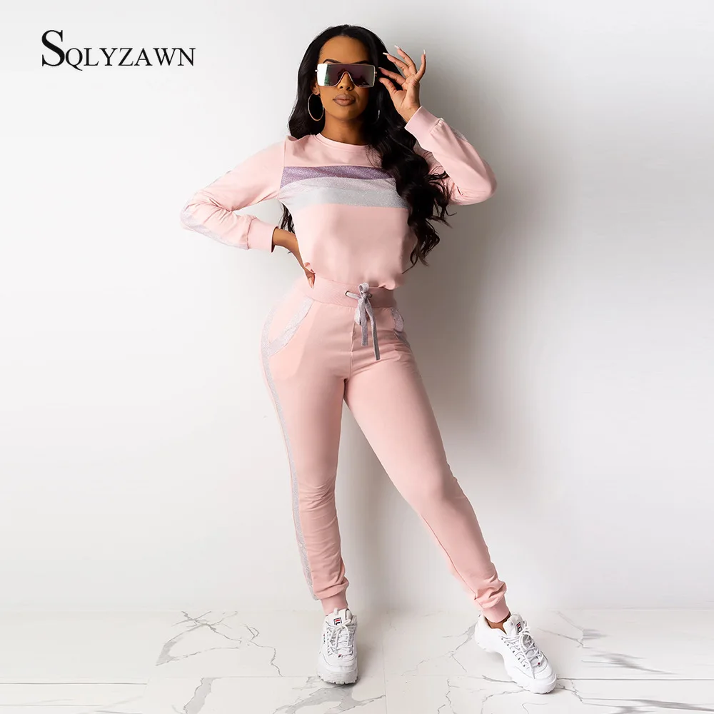 Women Pink Outfits Sportswear Spring Autumn Workout Two Piece Set Tracksuits Long-sleeve Top Bodycon Pants Casual 2 |