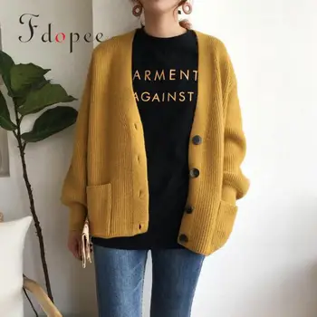

2019 Women Cardigans Sweater V Neck Solid Color Single Breasted Loose Knitted Lantern Sleeve Twist Winter Outwear Jacket Coat