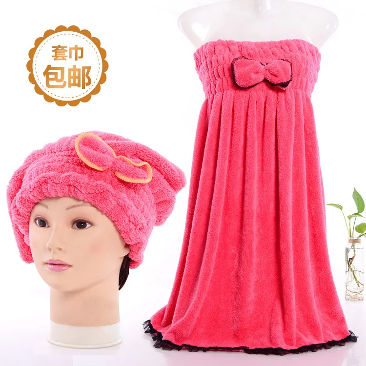 

Coral Velvet Bath Skirt Shower Cap Packaged Combination Soft Absorbent Comfortable Bow Bath Skirt Multi--