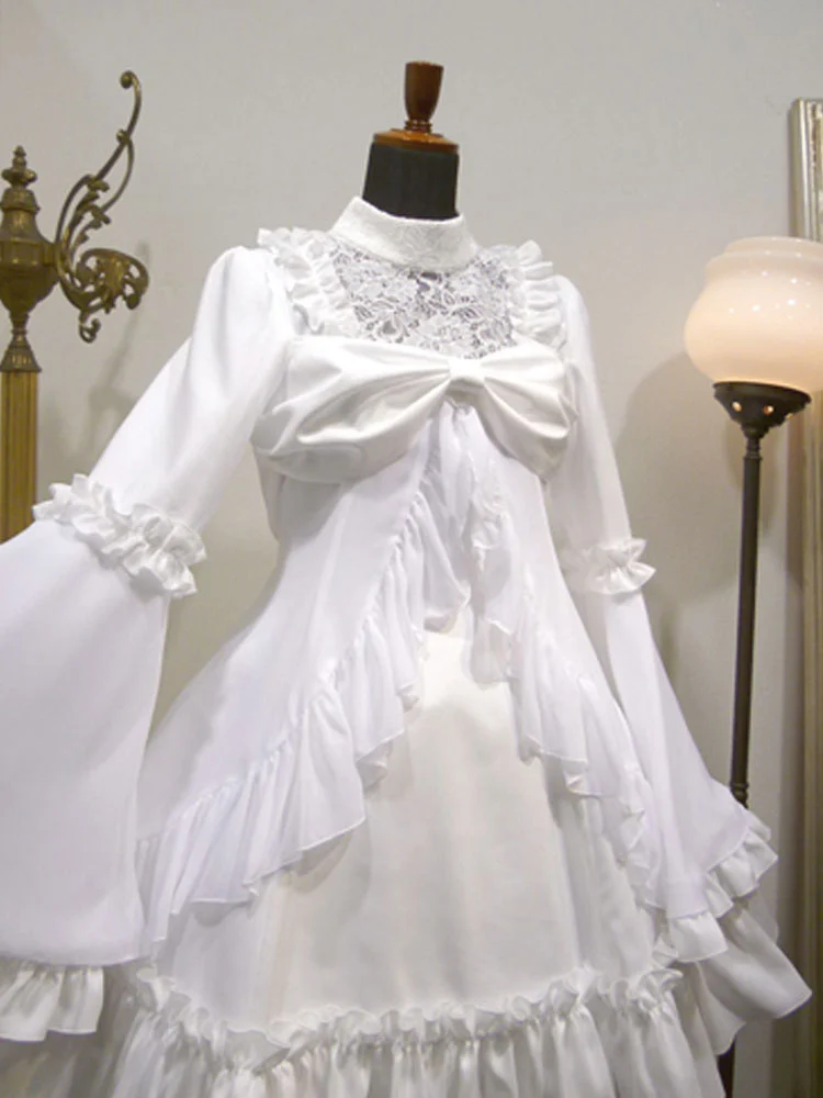 Gothic Lolita OP Dress, One Piece Dresses, Long Sleeve, Black, White, Ruffles,