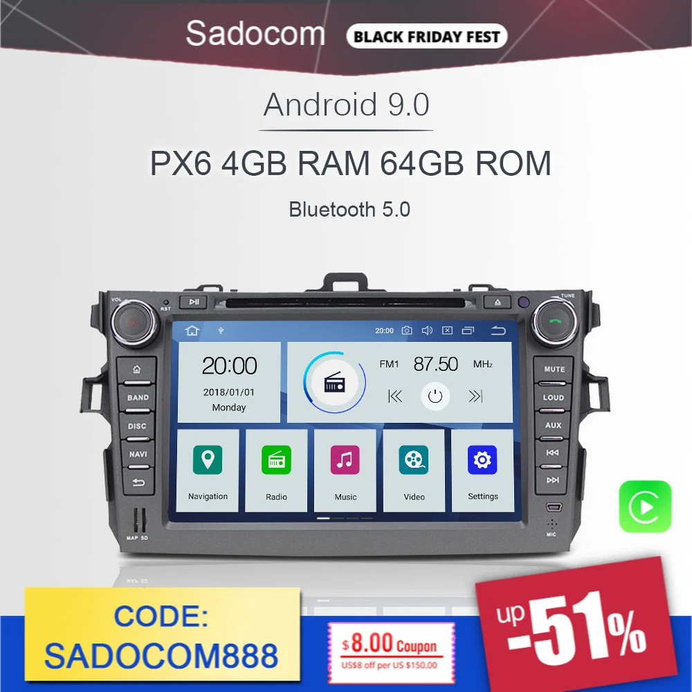 Автомагнитола 720P PX6 2din Android 10 0 6 ядер 64 Гб ПЗУ 4 ОЗУ для Toyota Corolla 2006 2009 2010
