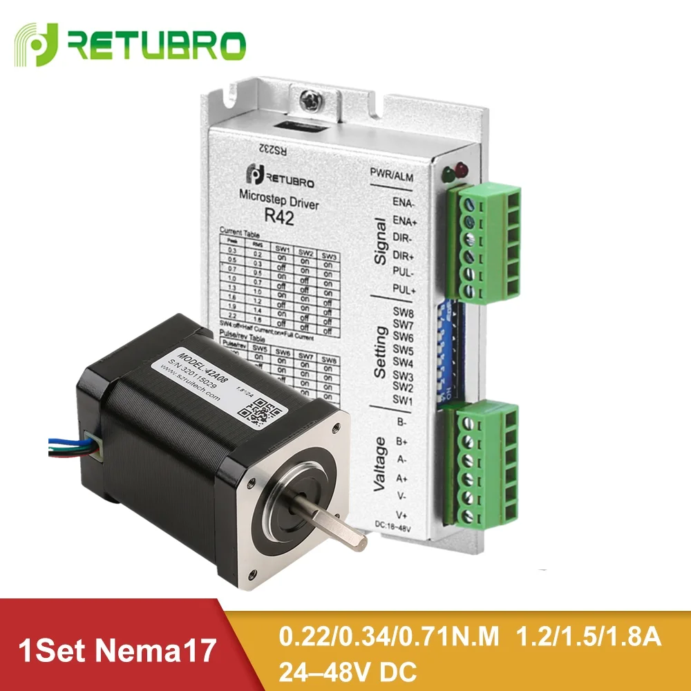 RETUBRO R42+ 42 серии Nema 17(Национальная ассоциация владельцев электротехнических предприятий) шаговый двигатель и Драйвер 22/34/71 Ncm 4 провода 2 Фаза гибридный 5 мм вал 1,2/1,5/1.8A мотор