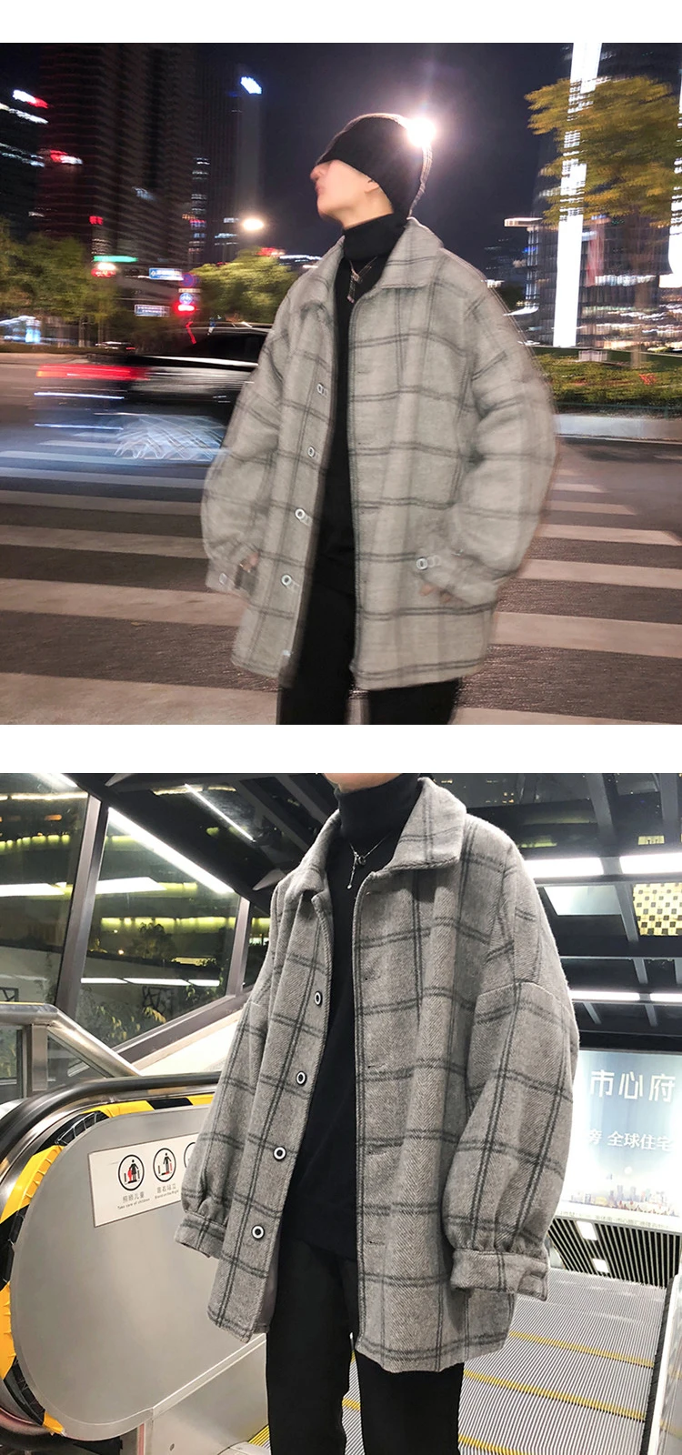 Winter New Woolen Coat Men Fashion Retro Casual Plaid Jacket Coat Man Streetwear Wild Loose Bomber Jacket Male Clothes S-XL
