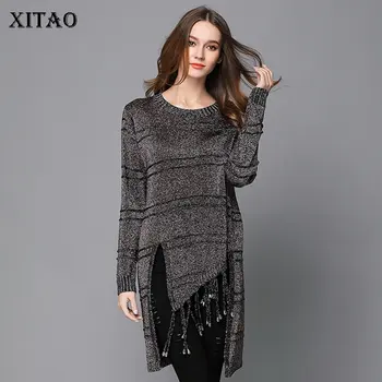 

XITAO Irregular Patchwork Tassel Sweater Plus Size Split Women Clothes 2019 Loose Pullover Full Sleeve Knitted Sweater DMY1178