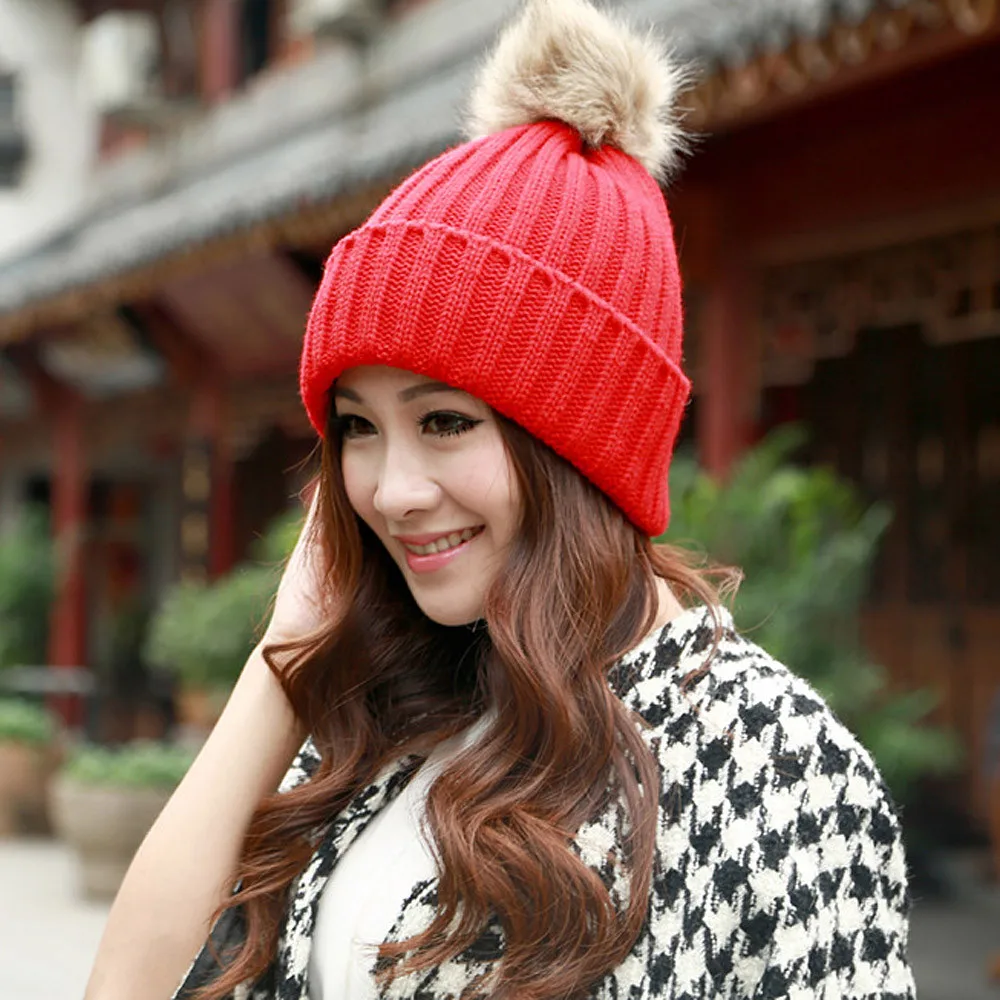 Autumn Winter Wool Blends Soft Warm Knitted Cap Female Head Wrap Cap Women Winter Fur Ball Warm Hat Crochet Knitted Wool Cap