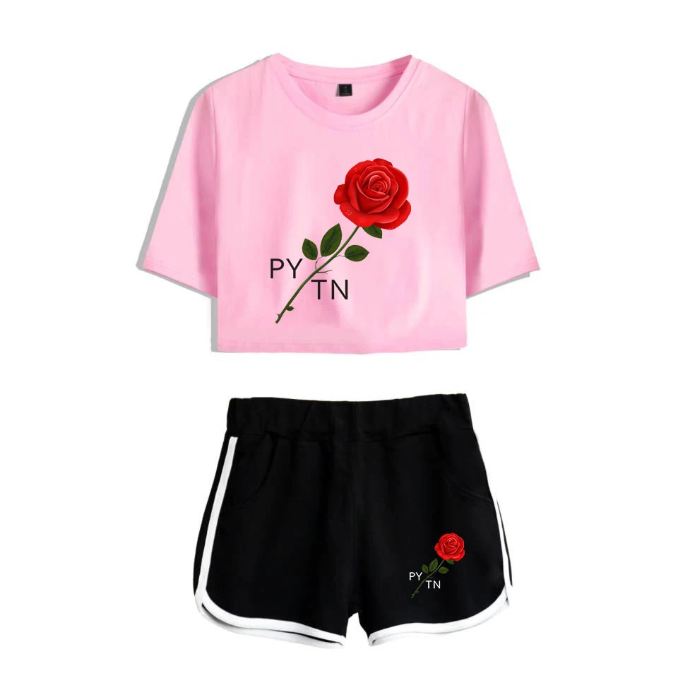 Женский комплект из двух предметов розовая футболка с открытым пупком и черные