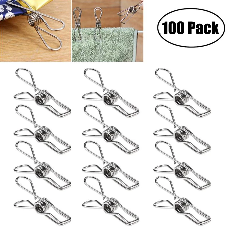 100pcs Multipurpose Stainless Steel Clips Clothes Pins Pegs Holders