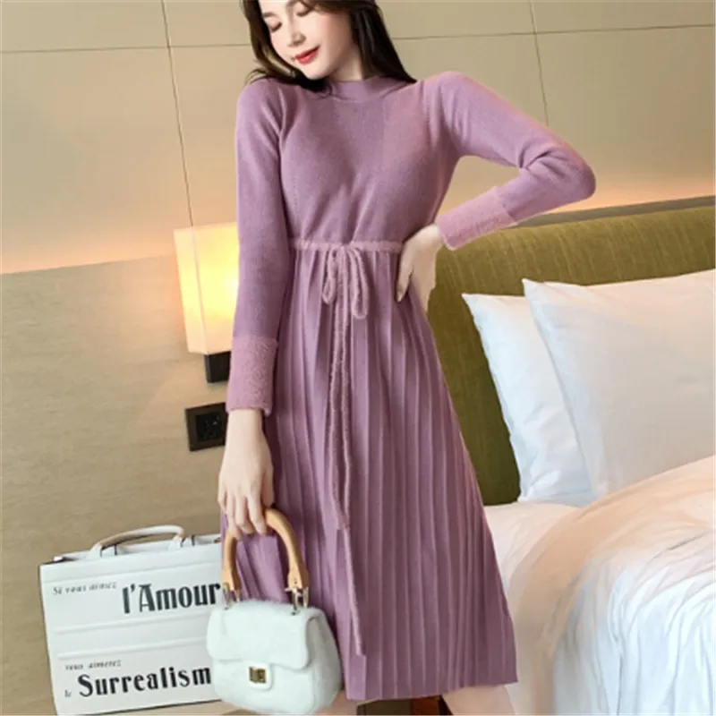 

Fashion Autumn Sweater Dress Korean Woman Knitted Dresses Women High Waist Sweater Dress Plus Size Lady Pleated Sweaters Dresses