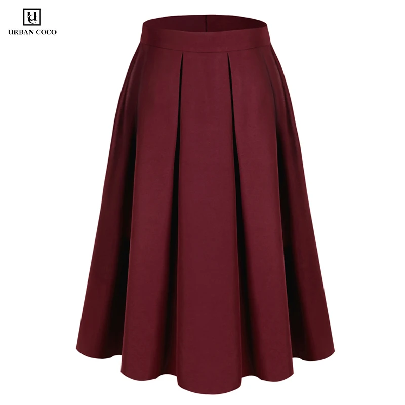 Городской CoCo Для женщин однотонные Цвет расклешенная трапециевидная юбка с карманами Высокая талия миди плиссированная юбка - Цвет: Wine Red