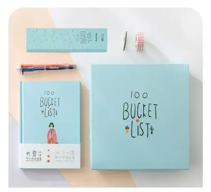 1 Set A5 Diary Planner Girl Student Cute Wishes Notebook Hard Cover Line Page, Washi Tape, 6 In 1 Color Pen, Ruler School Supply - Цвет: blue