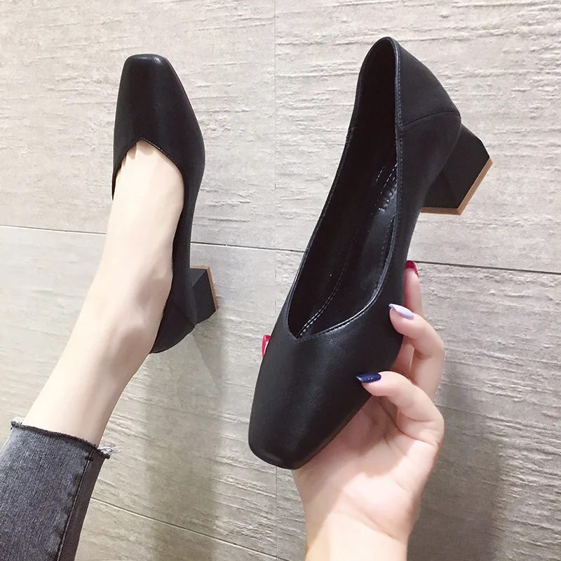 

Chunky-Heel Shoes Women's Semi-high Heeled 2019 Summer Versatile Low-Cut Retro Square Head Grandma Shoes British Style Black And