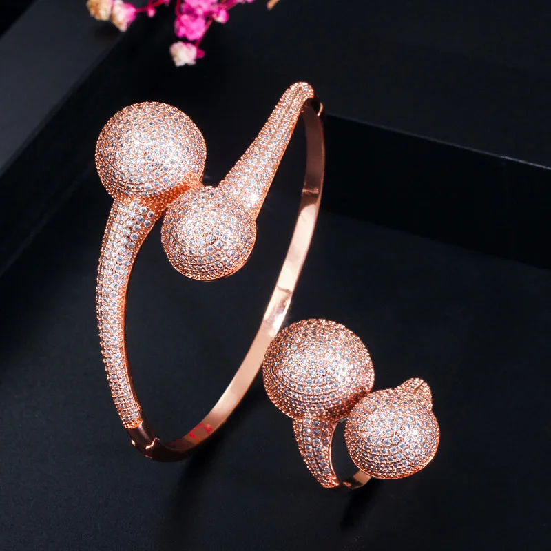 rose gold CWWZircons роскошный диско шар Африканский браслет кольцо Модные Ювелирные наборы для женщин Свадебные обручальные brincos para as mulhe T384 - Окраска металла: rose gold
