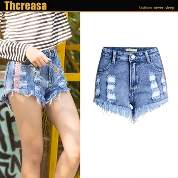 

European and American 2020 Summer Ripped Irregular Cat Fringe Colorful Narrow Goods Denim High Waist Pants Shorts Hot Pants
