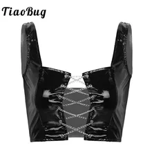 TiaoBug/черный топ из лакированной кожи с эффектом мокрого вида, короткое бюстье, сексуальное нижнее белье, спереди, на цепочке, на шнуровке, для ночного клуба, женские короткие топы