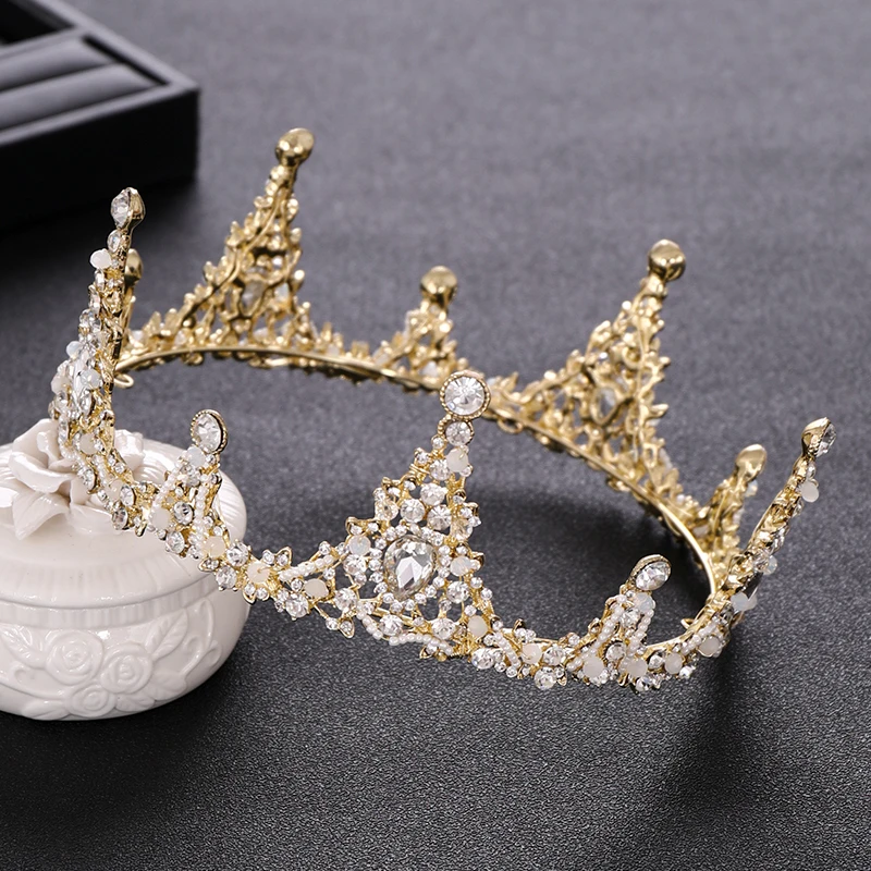 Bridal Wedding Crown Gold Rhinestone Crystal Crown Princess Round Crown Handmade Wedding Hair Accessories Bridal Wedding Crown