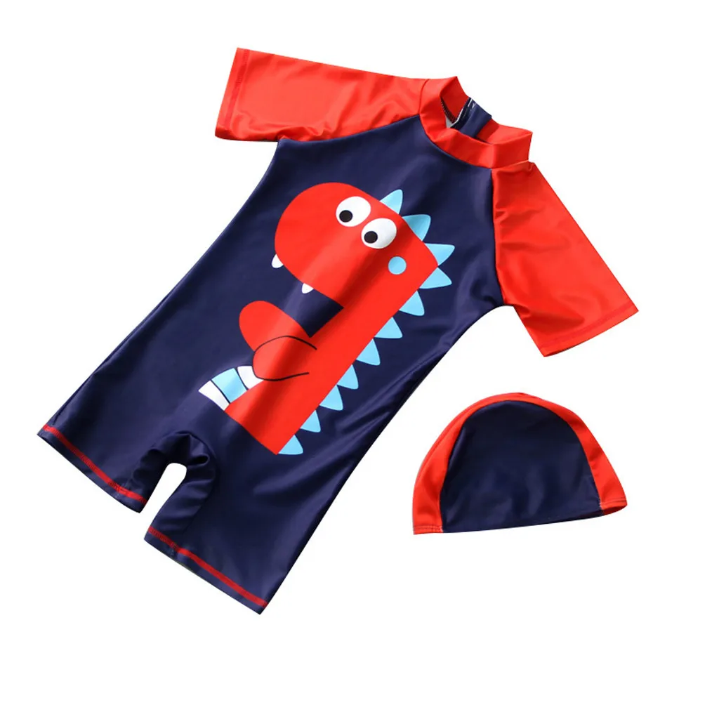 Купальные штаны для мальчиков с короткими рукавами и рисунком динозавра; купальный костюм для бассейна; пляжный солнцезащитный купальник+ шапочка; детский купальный костюм; комплект одежды; L1206