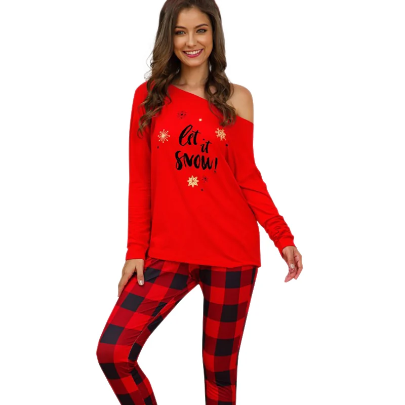 Женский пижамный комплект, рождественские пижамы для женщин, модные топы с принтом и длинными рукавами+ клетчатые штаны, женские пижамы, комплект из 2 предметов, одежда для сна - Цвет: Красный