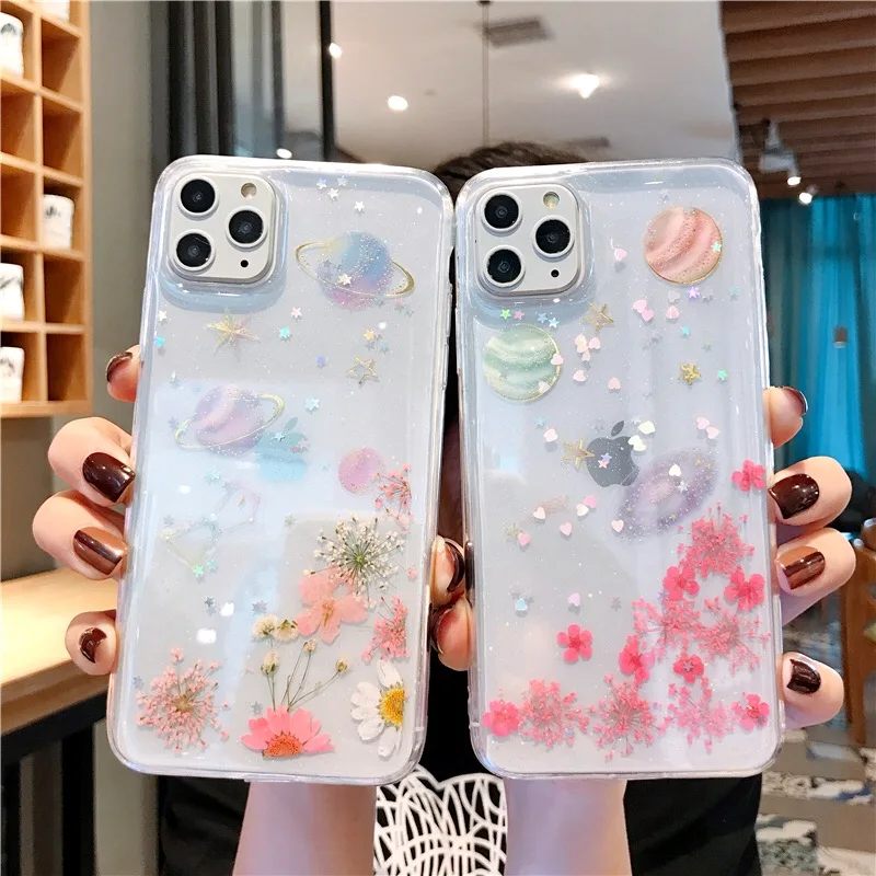 

Planet Real Dried Flower Cases For Coque iPhone 11 X XS Max XR 6 6S 7 8 Plus 11 Pro Max Handmade Clear Soft Fresh Floral Cover