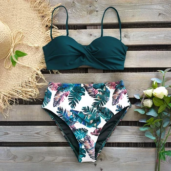 

Sexy Leaf Print Bikini Female Swimsuit Women Swimwear Thong Push Up Bikinis Set High Waist Swimming Suits for Bathing Suit