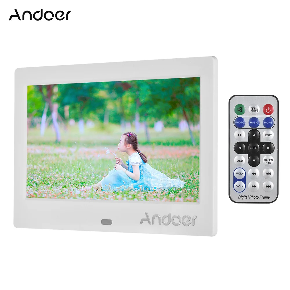 Andoer " ips HD экран 1024*600 цифровая фоторамка Музыка Видео Воспроизведение Часы Будильник Календарь несколько языков дистанционное управление - Цвет: Белый