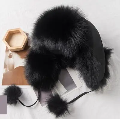 YC Fur, шапка из натурального меха енота для женщин, мех лисы, русские шапки-ушанки, зимняя Толстая теплая шапка-бомбер с ушками для девушек - Цвет: black