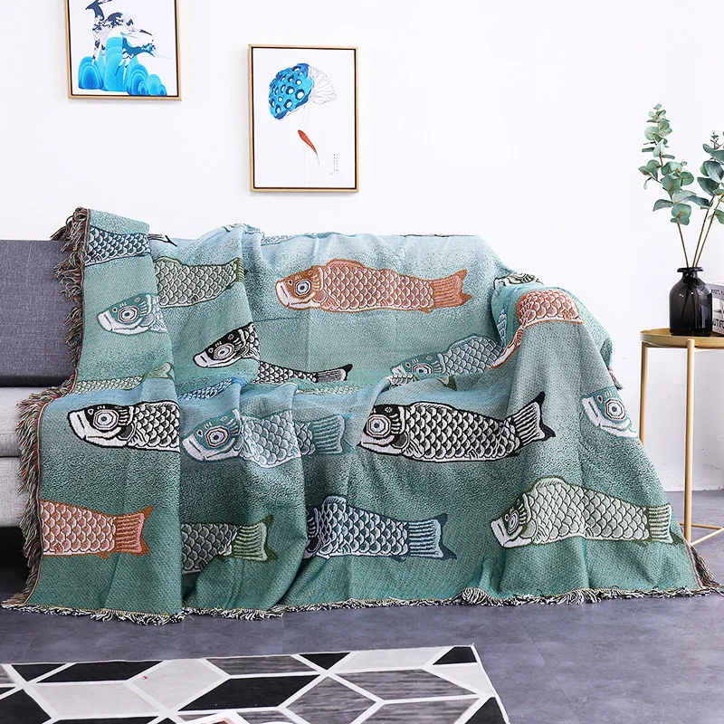 cobertor de algodão decorativo do presente do housewarming do lance da família do koi multicolorido manta para folha antiderrapante que costura cobertores