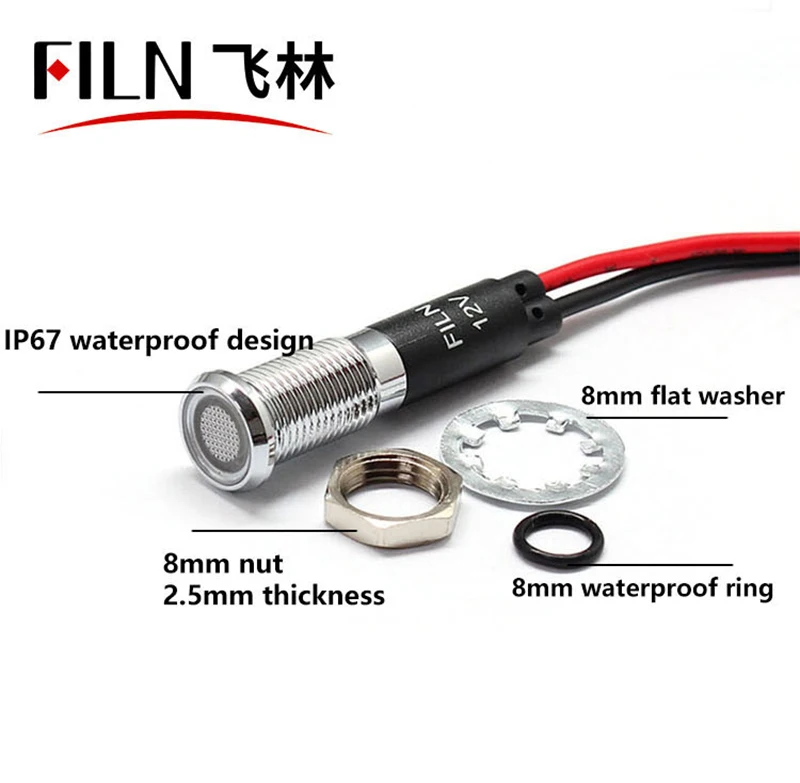 FILN 8mm 12V 24V 110V 220V Metall-LED-Pilotleuchte für Armaturenbrett, Signal- und Warnleuchte, 20cm Kabel, Chrom-Finish, für Auto, Boot, Marine – Detail 14