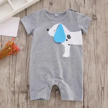 

Boys Girls Bodysuit Summer Short Sleeve Baby Kids Personality Breathable Soft Printing Cute Dog Splicing Round Neck Rompers