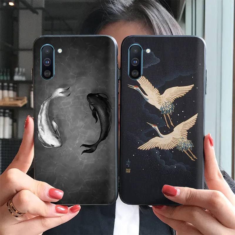 

Note10+ Lotus Pond Koi &Black White carp case cover for samsung note 10 Plus note10 embossed case Pixel cartoon game HD painting