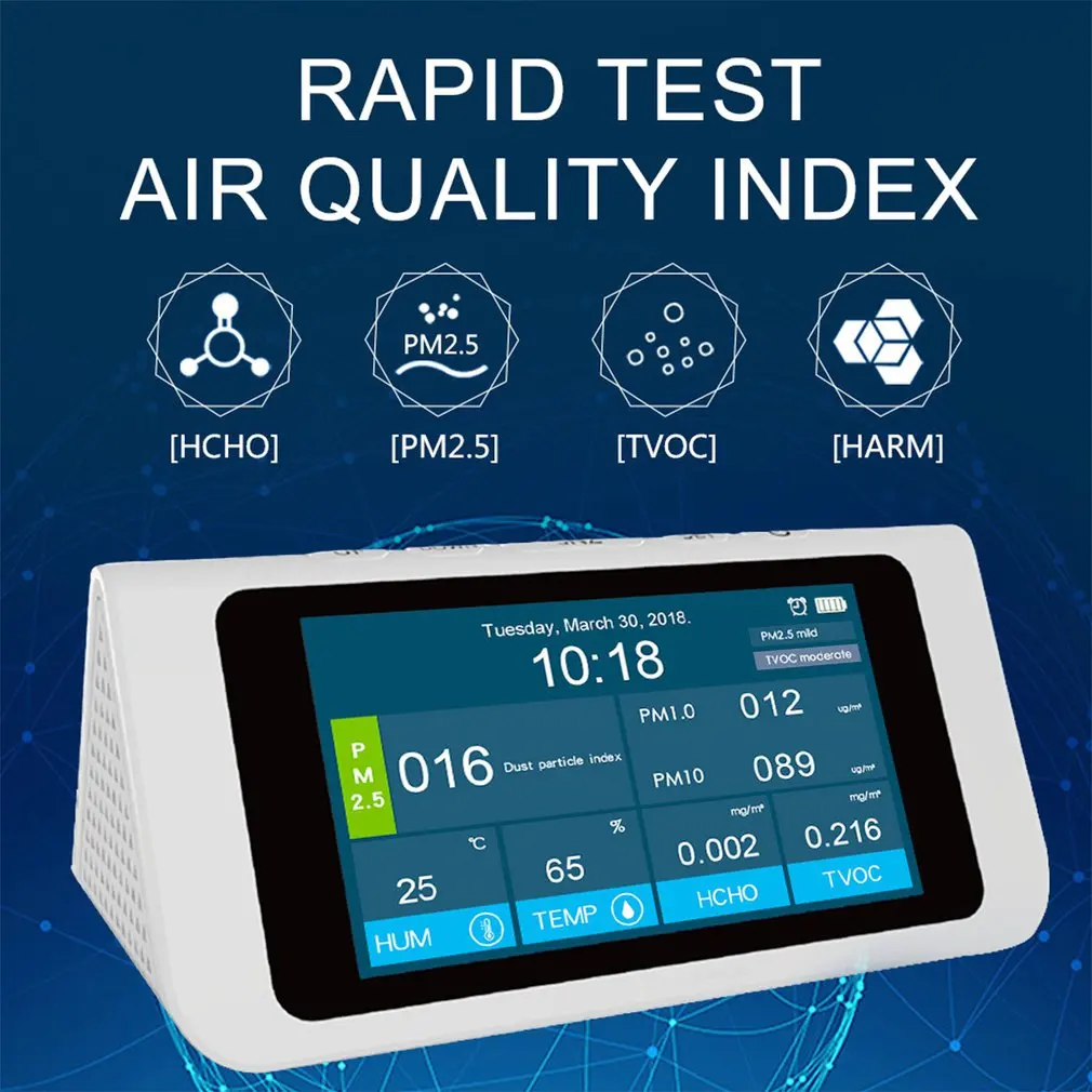 

PM2.5/PM10/PM1.0/TVOC/HCHO Tester AQI Air Quality Analysis Detector Temperature Humidity Monitor Smog Meter w/ Alarm Clock