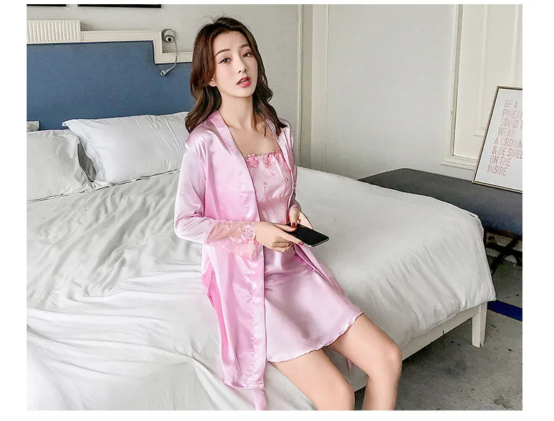 Casual Floral Mini Twinset Robe Set Faux Slik High Quality Sleepwear Purple Sexy Lace 2PCS Spaghetti Strap Nightdress M-2XL